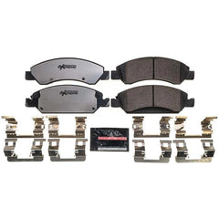 Close-up of PowerStop Z36 carbon-fiber ceramic pads showing a low-dust formula.