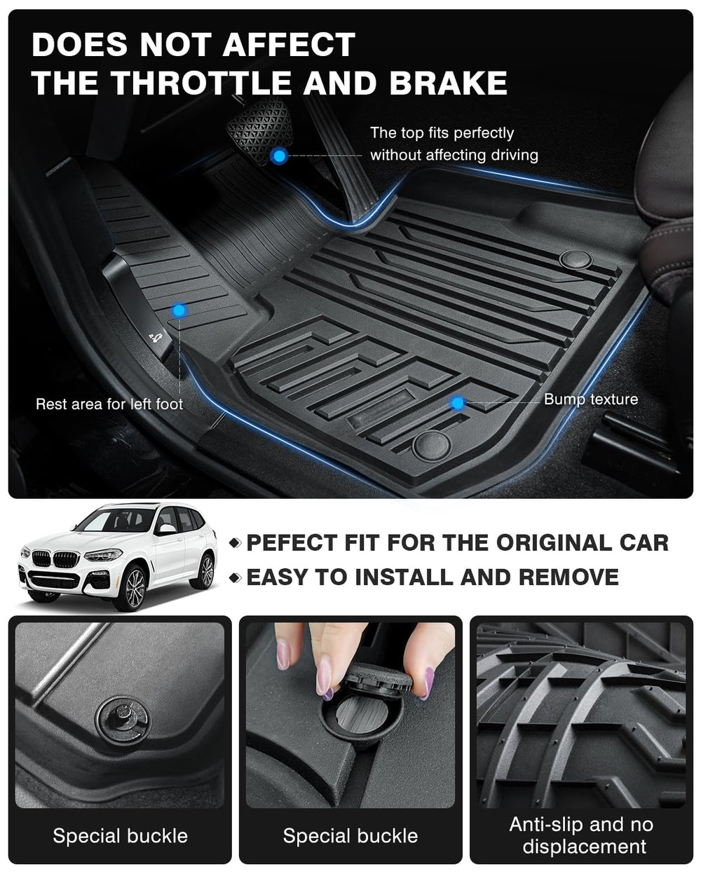 Powerty floor liners trap sand, water, and mud for simpler cleanup.