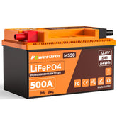 PowerUrus 500A LiFePO4 battery front view highlighting compact size for easy installation.