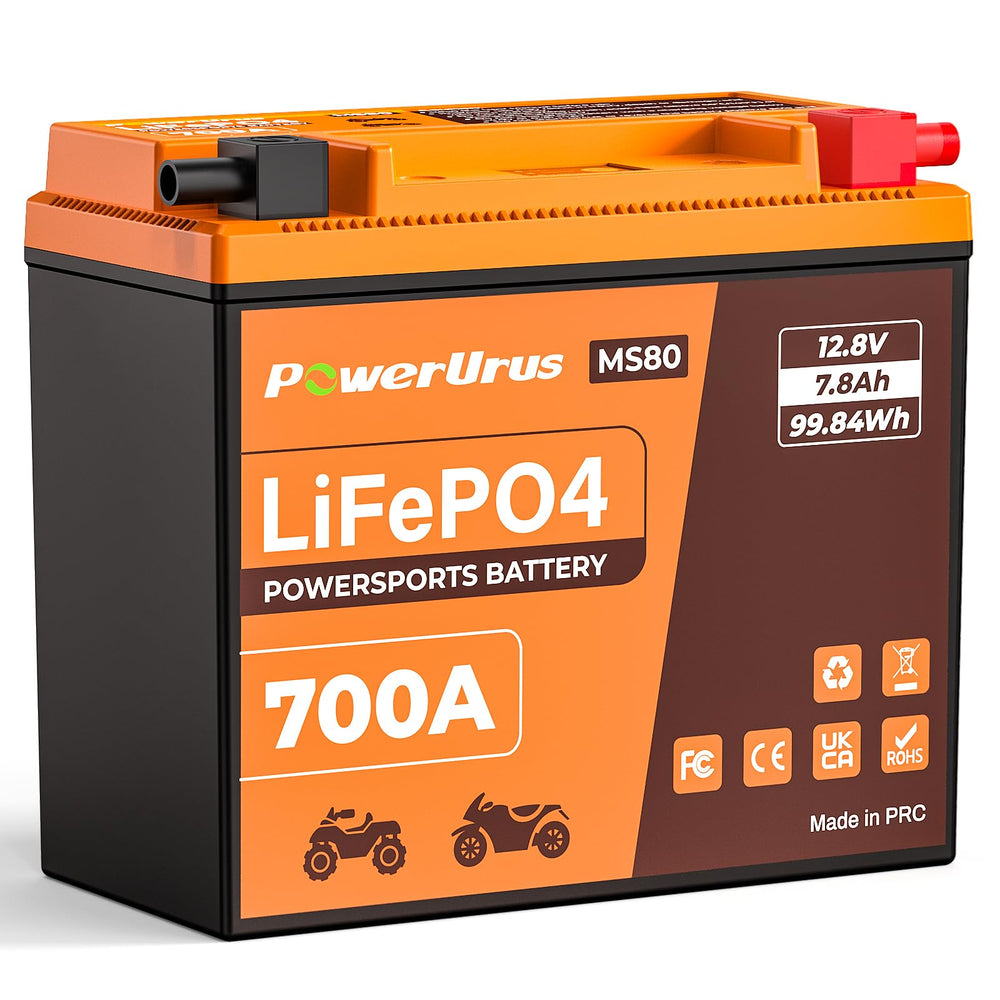 PowerUrus lithium motorcycle battery front view with compact 12V 8Ah design for quick starts.