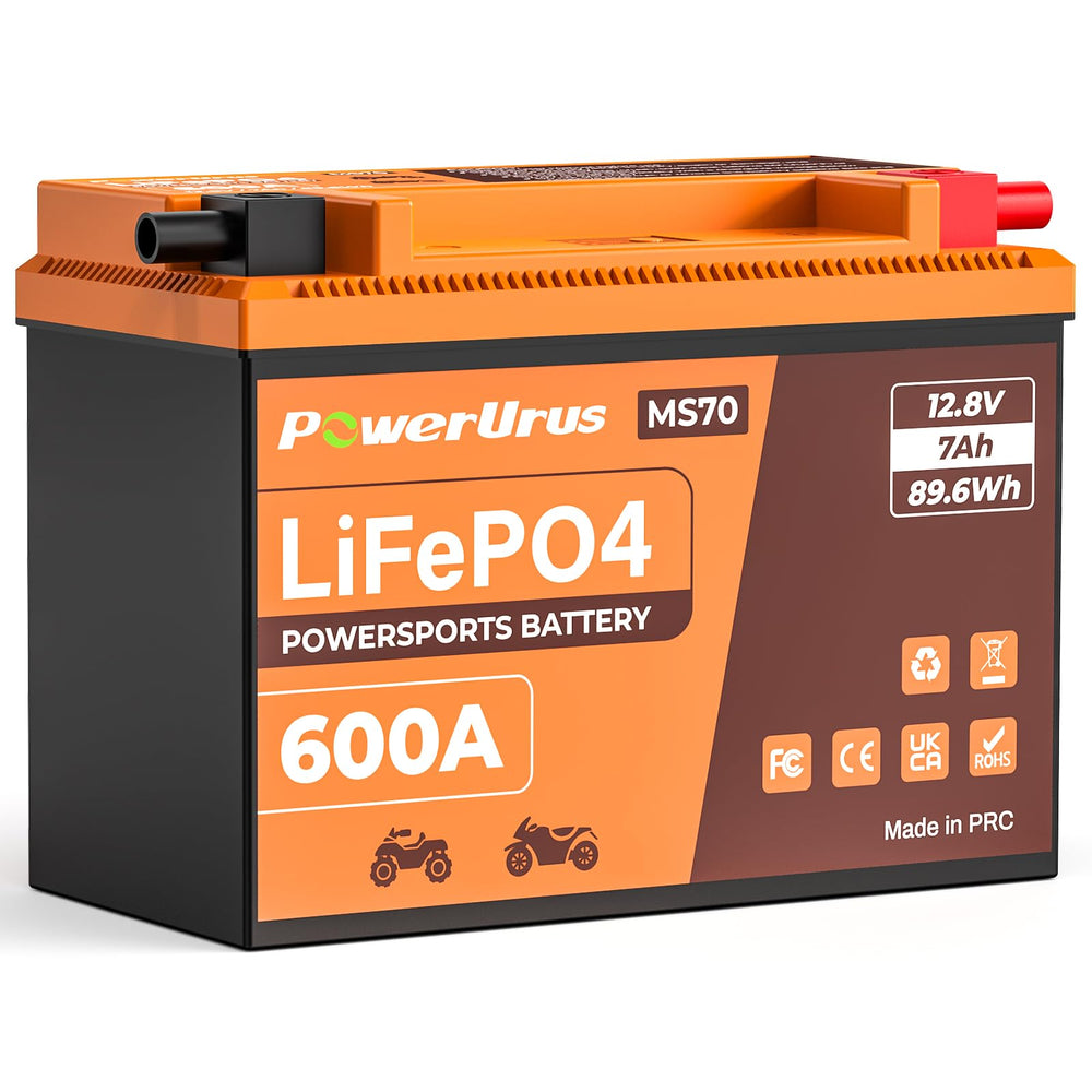 PowerUrus lithium battery close-up showing compact 12V 7Ah unit.