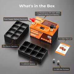 PowerUrus packaging contents, includes terminals and spacers for quick setup.
