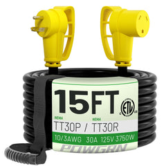 POWGRN 30A RV extension cord 15 ft outdoor use with TT-30P to TT-30R.