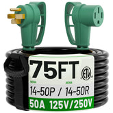 POWGRN grip-handle 50A RV extension cord for easy plugging outdoors.
