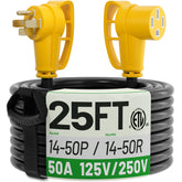 POWGRN NEMA 14-50P to 14-50R 25ft extension cord for outdoor EV charging.