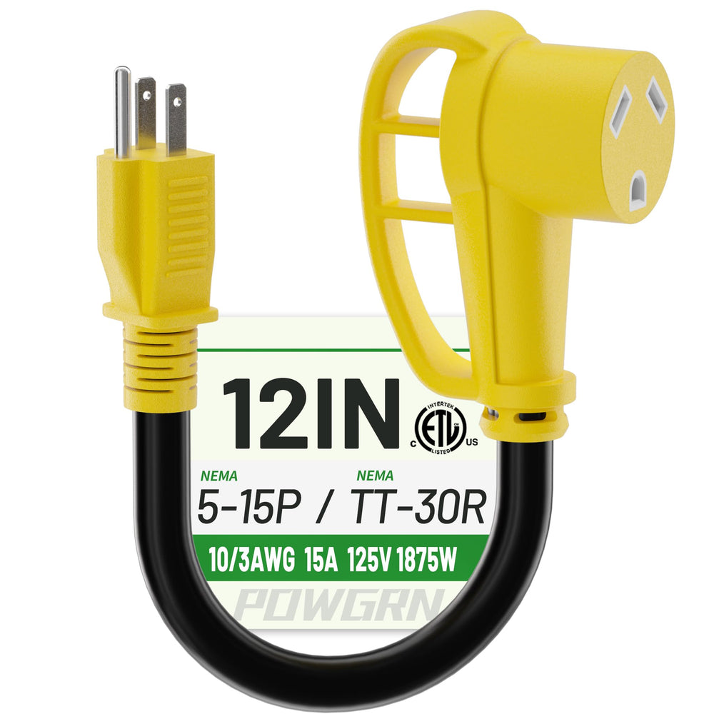 PowGRN RV 30A to 110V adapter showing rugged outdoor-ready housing for use