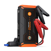 Powrun P-ONE jump starter front view with rugged orange case for outdoor readiness.