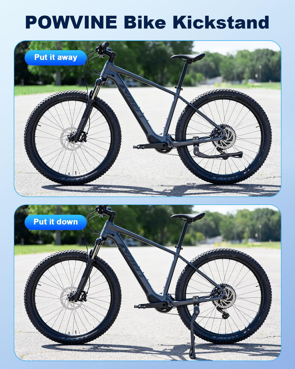 POWVINE bike kickstand easy installation and smooth operation with riveted linkages.