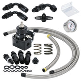 PQY adjustable fuel pressure regulator kit with 3-70 PSI range for EFI systems.