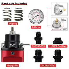 PQY billet aluminum regulator side view with red and black finish.
