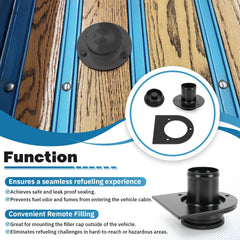 PQY remote filler neck installed on a vehicle for external access.