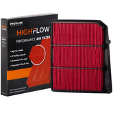Premium Guard HIGHFLOW air filter close-up shows pre-oiled media for cleaner air.
