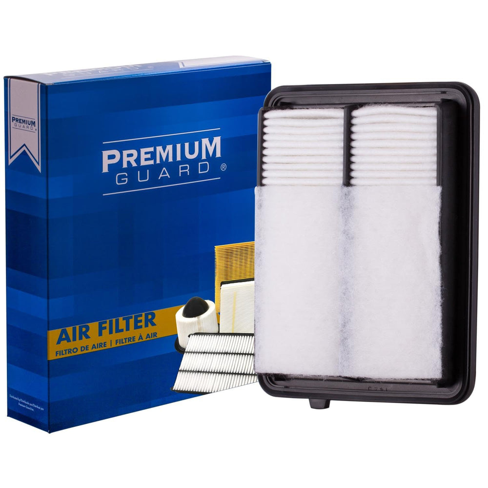 Premium Guard PG Engine Air Filter PA99371 installed in a Nissan Kicks showing engine protection benefits for 2017-2024 models.