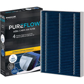 Premium Guard PureFlow HEPA cabin filter packaging shown for quick install and cleaner car air