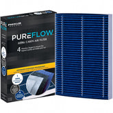 Premium Guard PureFlow HEPA filter front close-up shows four-stage filtration for clean cabin air