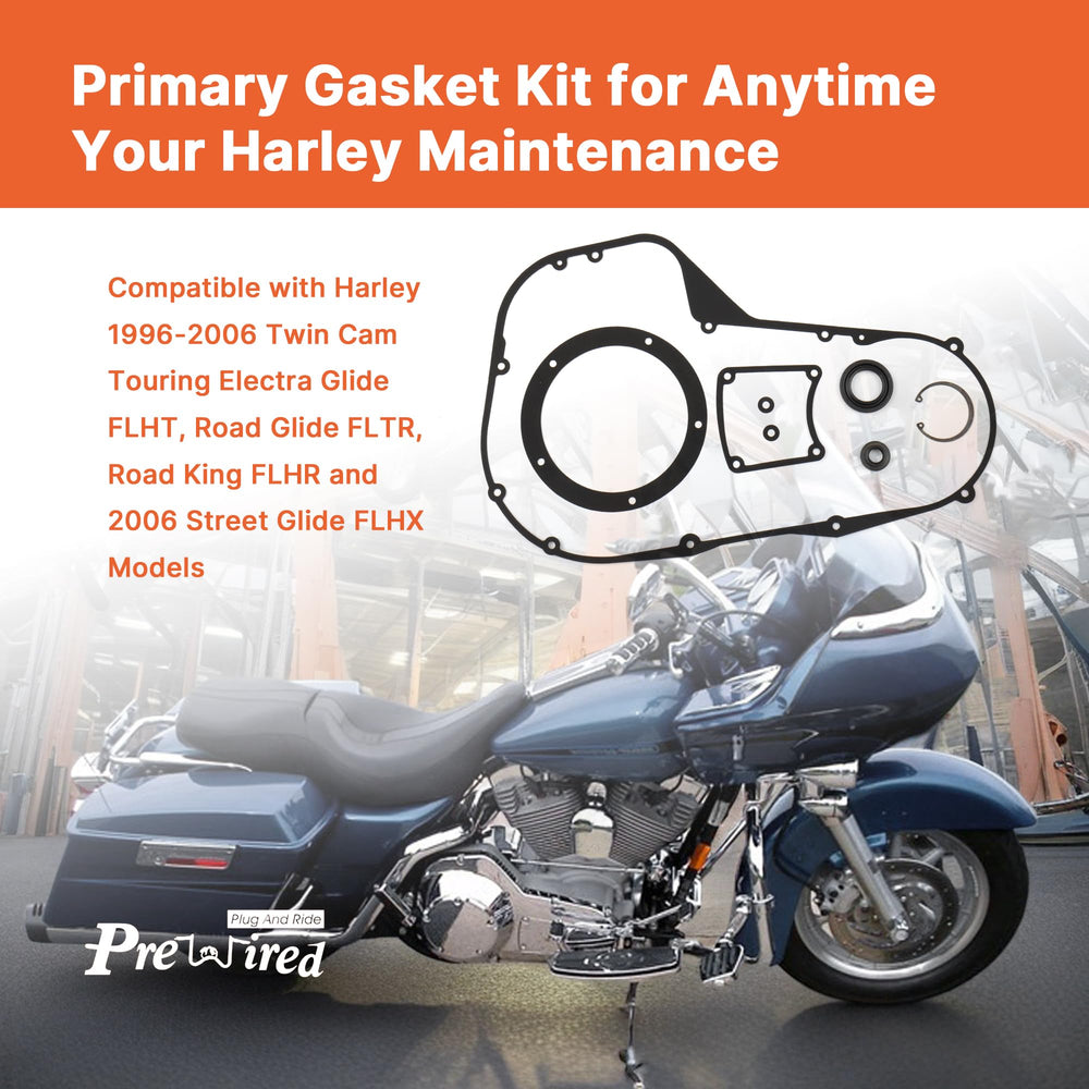 Prewired primary cover gasket set image showing eight-piece kit for straightforward Harley maintenance.