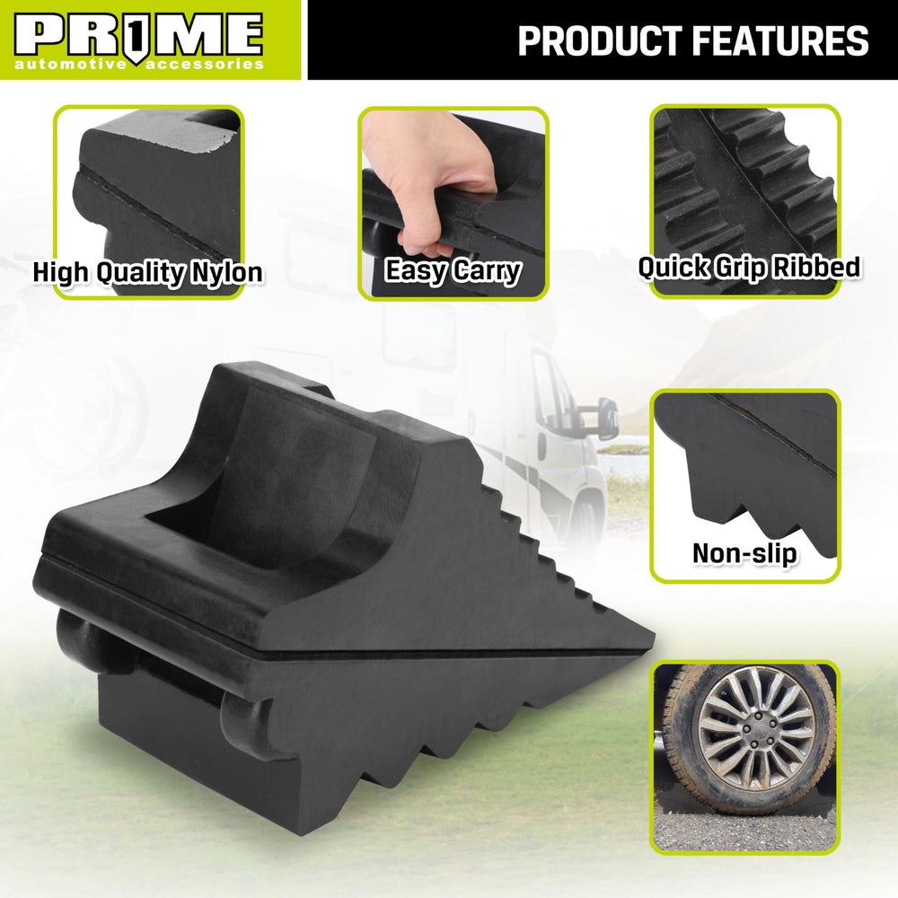 Prime 1 wheel chocks with carry handle shown in-use for easy transport.