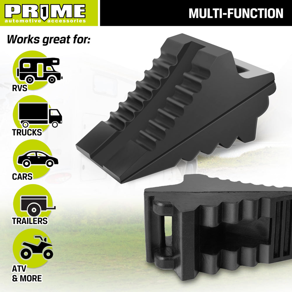Prime 1 chocks in use under an RV or trailer prevent tire movement.