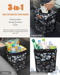 Trapezoid-shaped Pritent trash can fits snugly in vehicle corners.