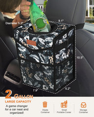 Foldable Pritent trash can with two side hooks for secure mounting in cars.