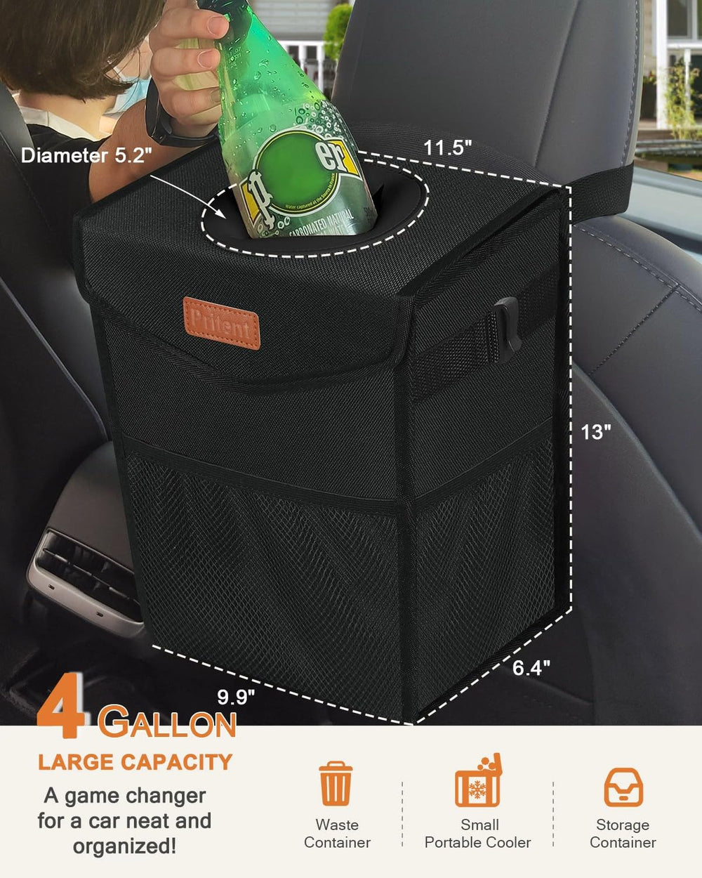 Pritent car trash can front view emphasizing compact 4-gallon size