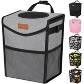 Pritent car trash can with lid in grey, front view showing the clean silhouette