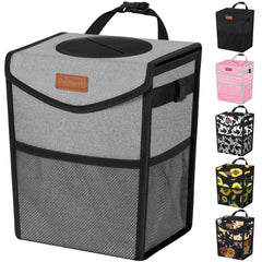 Pritent car trash can with lid in grey, front view showing the clean silhouette