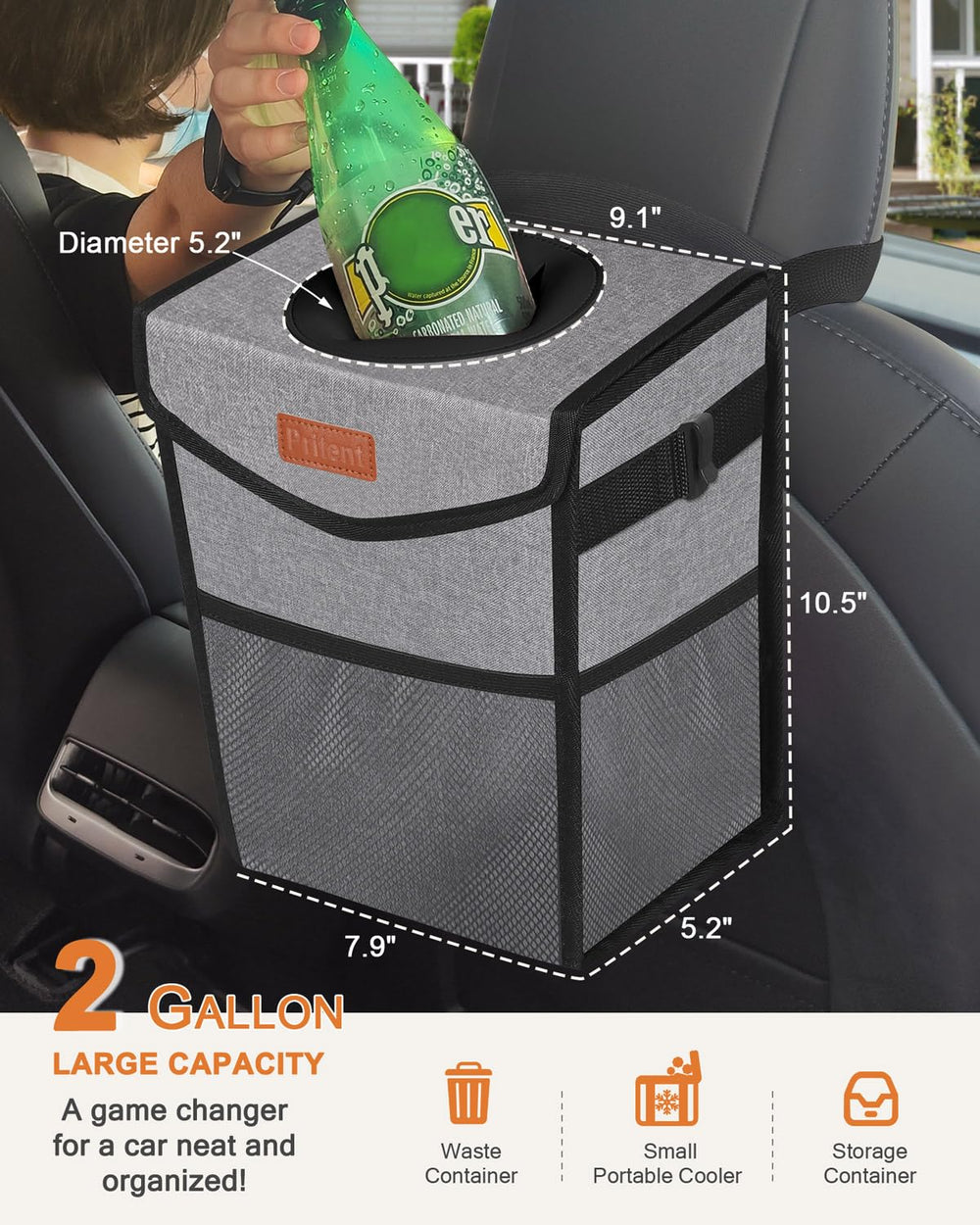Pritent car trash can with lid in grey, side view highlighting lid and size