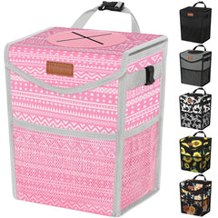 Pritent car trash can with pink lid print for a tidy car interior.