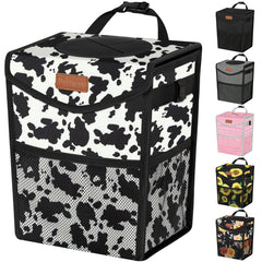 Pritent car trash can lid trapezoid cow print keeps the interior tidy on the go.