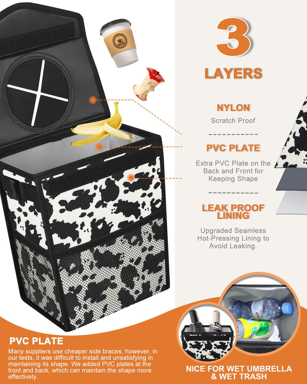 Pritent car trash can with mesh pockets keeps essentials within reach.