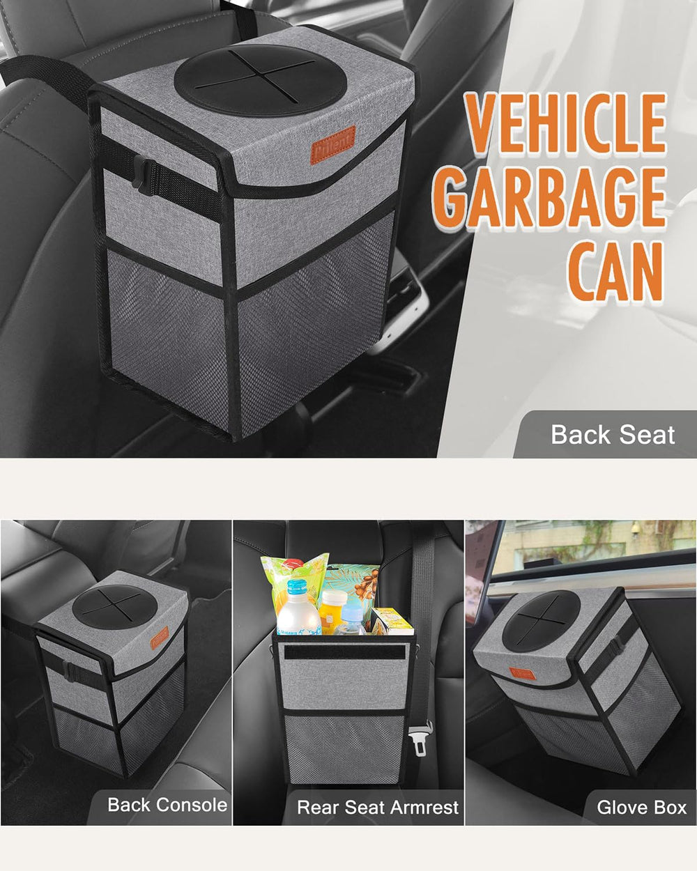 Pritent grey car bin placed on console area for tidy cockpit