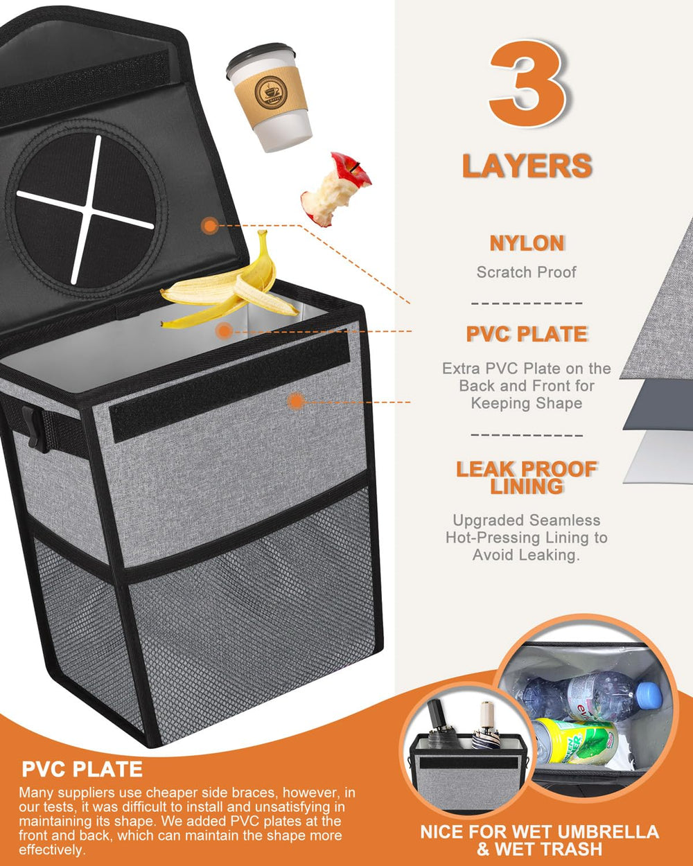Pritent trash bin closed with lid, demonstrating leak-proof design