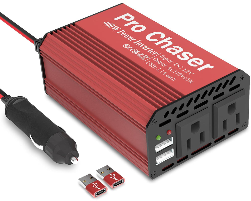 Pro Chaser 400W inverter front view with dual outlets for on-the-go power.