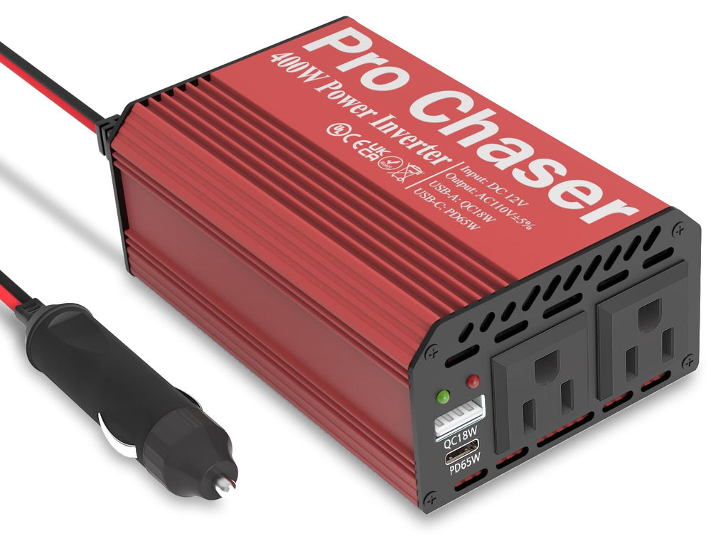 Pro Chaser inverter with dual 110V outlets for vehicles.