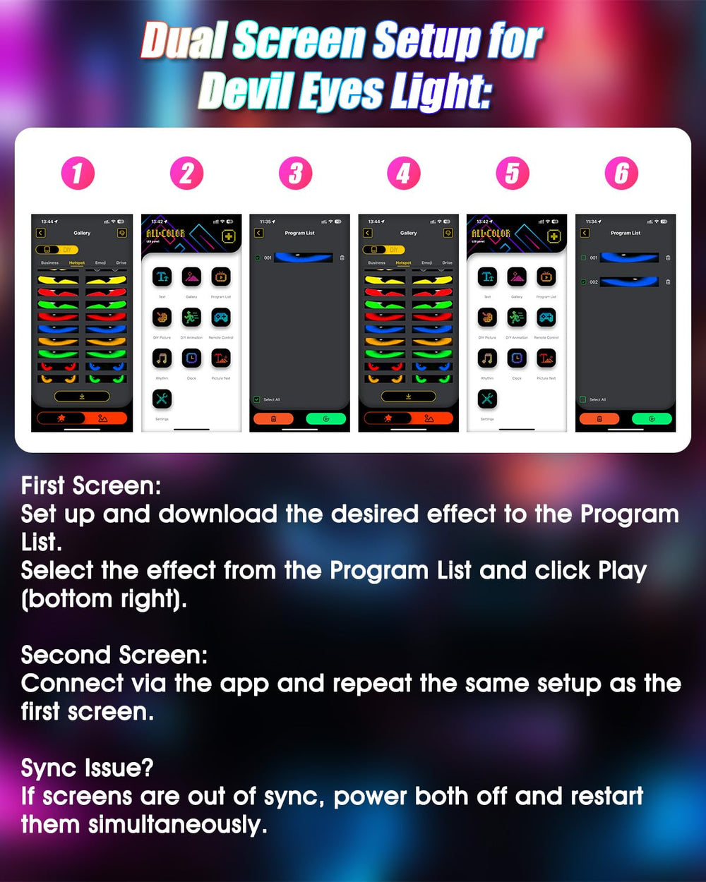 Configuration menu of Probapro Devil Eyes Light with brightness, color, and speed options