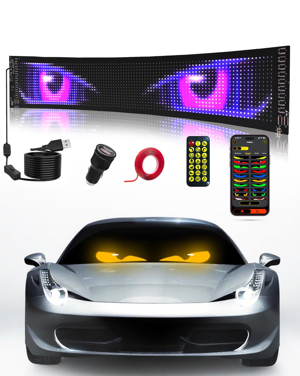 Probapro Devil Eyes Light on windshield front view showing vivid LED display for customization