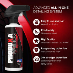 Car surface shown with PRODUXA for showroom shine and protection