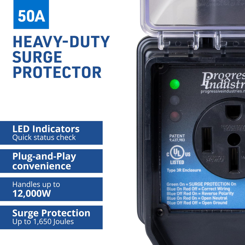 SSP-50XL provides 50-amp RV surge protection with visible LED status indicators.