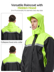 ProHydra rain suit hood stowaway with visor protects face when needed.