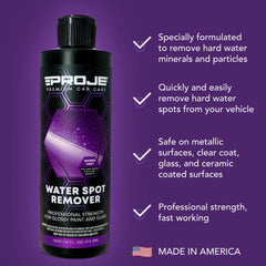 PROJE' Water Spot Remover application with microfiber cloth for safe surface cleaning.