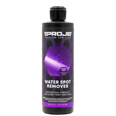 PROJE' Water Spot Remover bottle on countertop ready to tackle hard water spots.