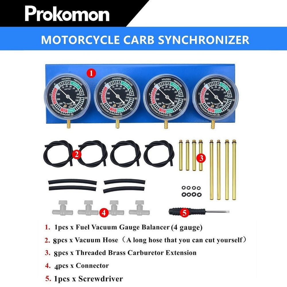 Prokomon carb sync tool gauges close-up for precise readings