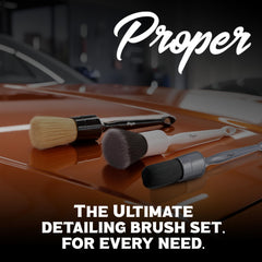 PROPER DETAILING CO. Wheel and emblem brush for precise exterior detailing.