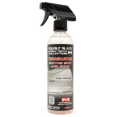 P&S Terminator enzyme bottle pour demonstrates fast grease and stain breakdown on upholstery