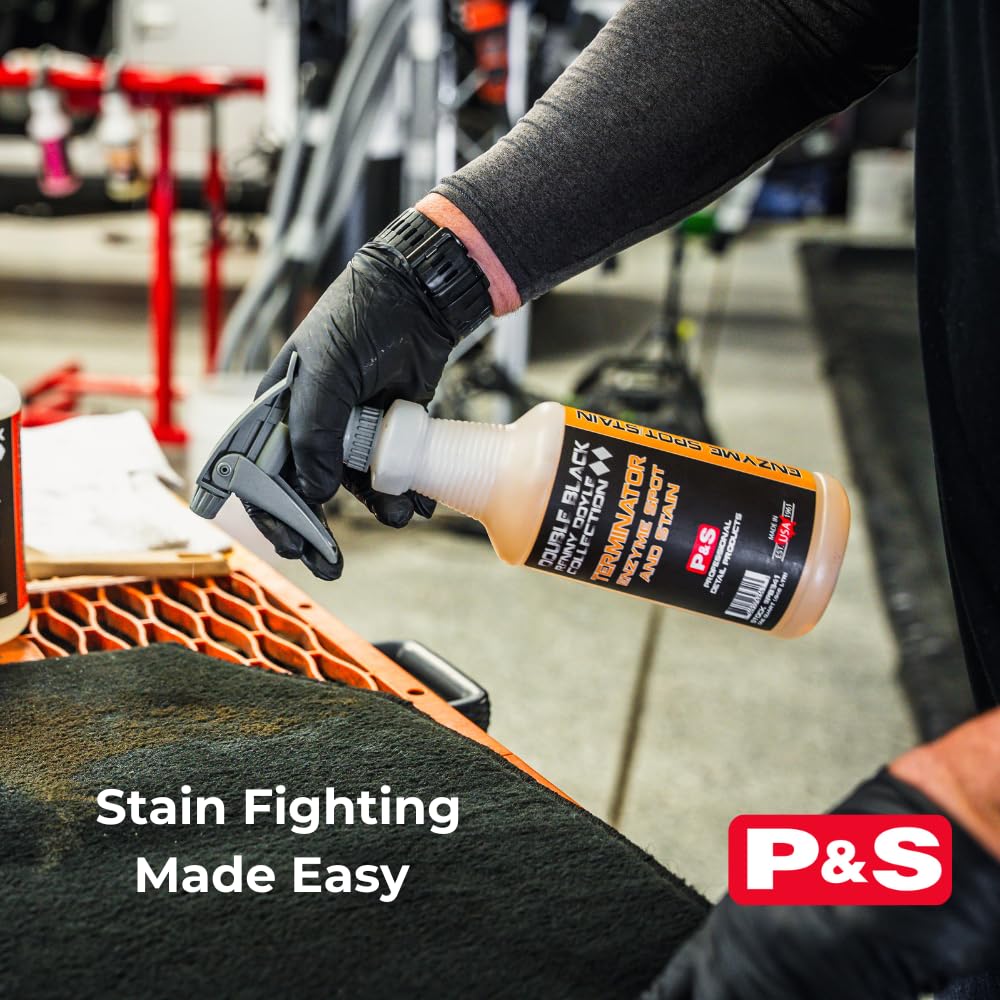P&S Terminator enzyme car-seat-cleaner illustrates effective pre-treat and deodorize in one step