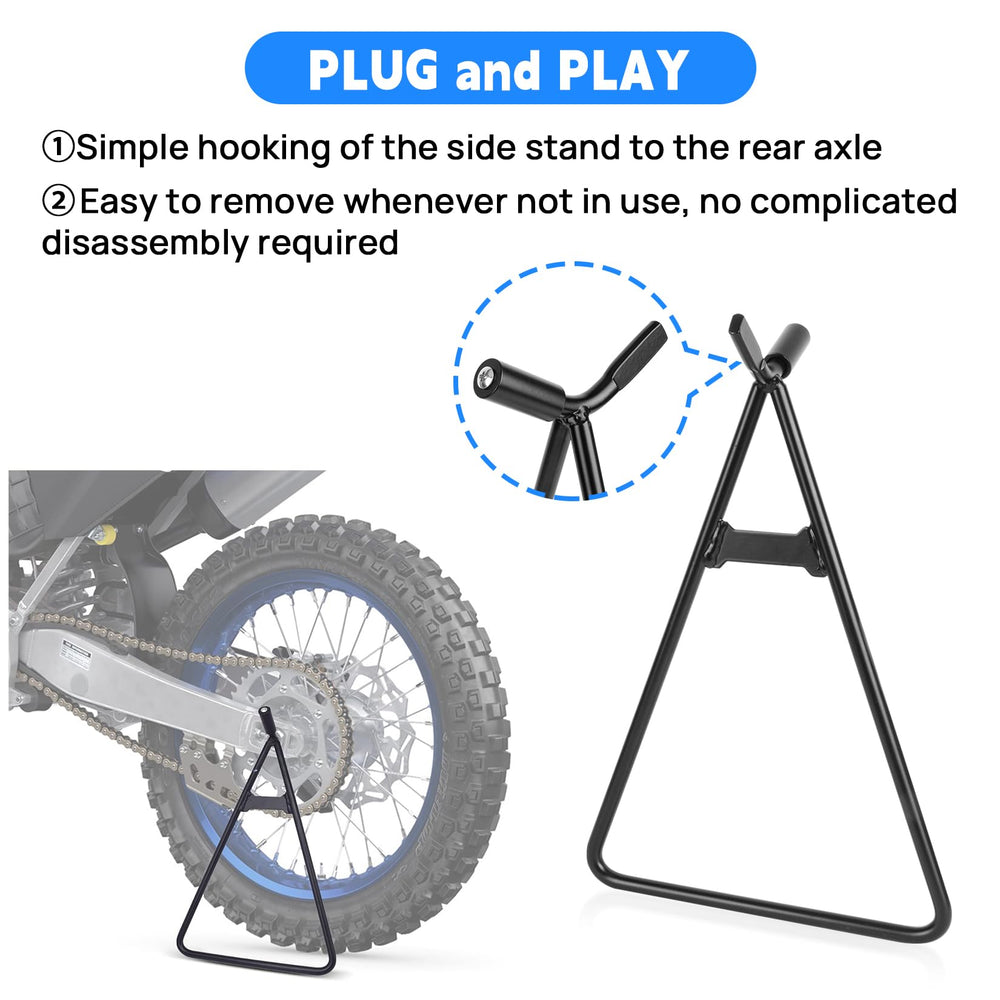 PSLER dirt bike triangle stand front view showing anti-tip stability