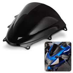 PSLER windshield double bubble on Suzuki GSXR600/750 provides wind protection and a sleek black finish.