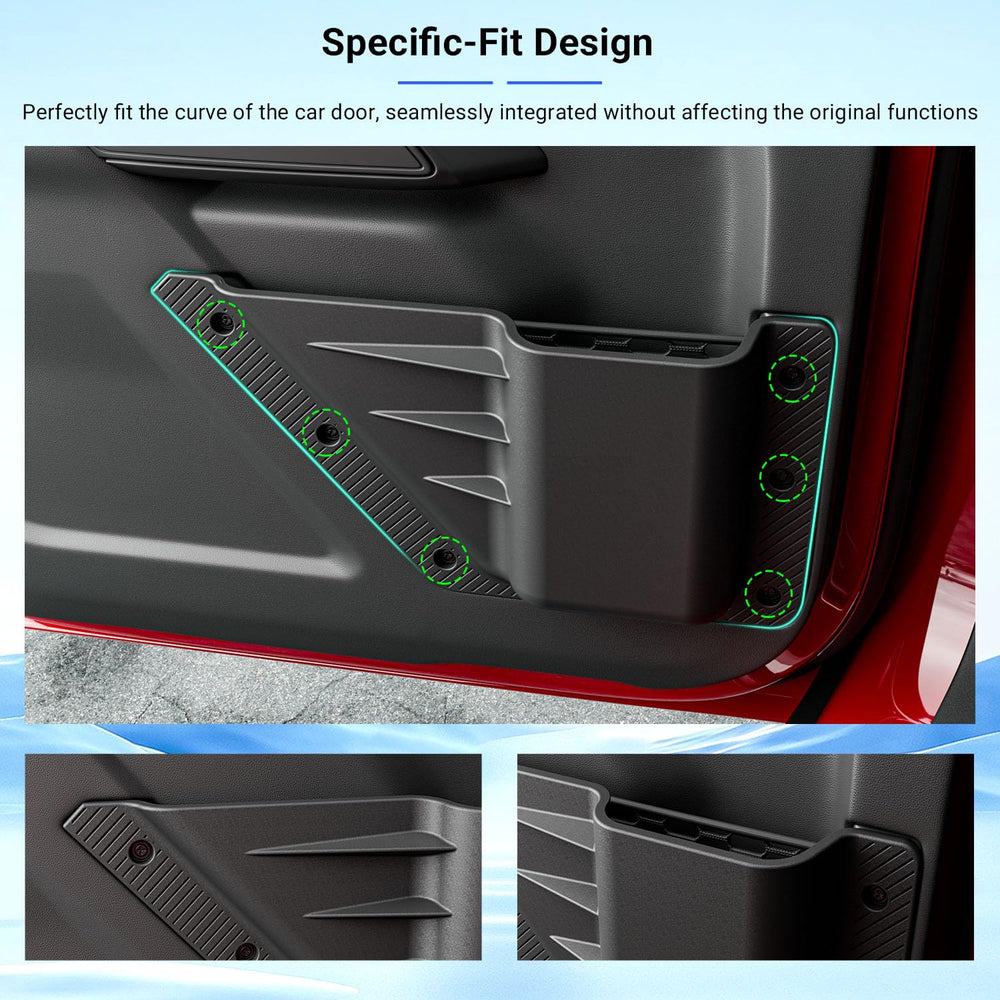 Bronco side door organizer closeup shows integrated seals reducing cabin noise.
