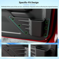 Bronco side door organizer closeup shows integrated seals reducing cabin noise.